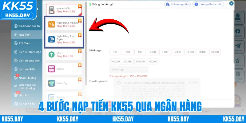 Nạp Tiền KK55 2 4 bước nạp tiền KK55 qua ngân hàng