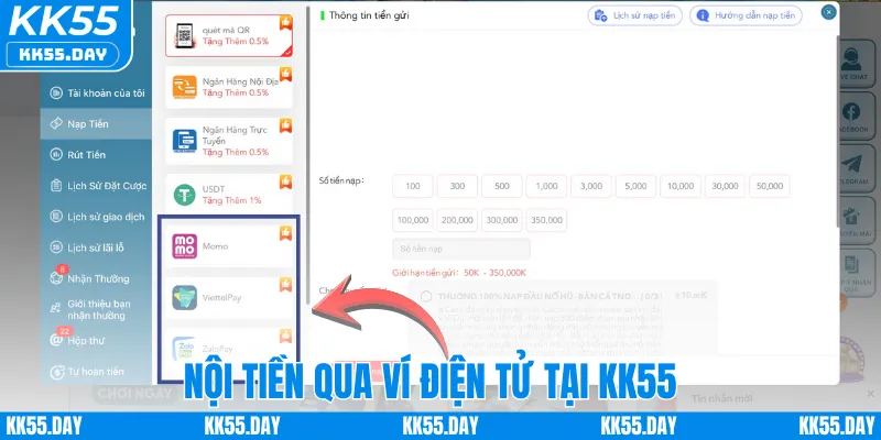 Nạp Tiền KK55 3 Nạp tiền qua ví điện tử tại KK55